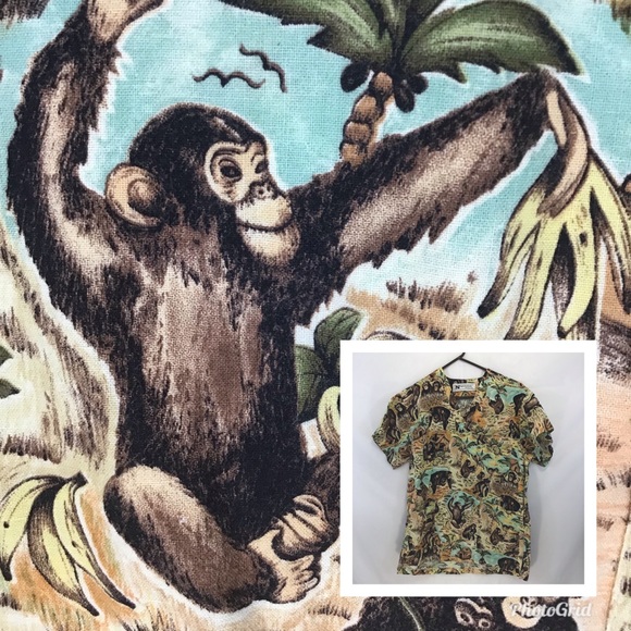Nightingale Fashions Monkey Ape Primate Zoo Jungle Animal Print Scrub Top Small - Picture 1 of 16